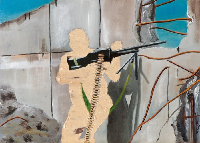 Irgendwo ist immer ein Krieg III/13, Öl und Flachstich auf Schichtholzplatte, 30 x 42 cm, 2013