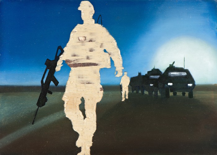 Irgendwo ist immer ein Krieg IV/13, Öl und Flachstich auf Schichtholzplatte, 30 x 42 cm, 2013