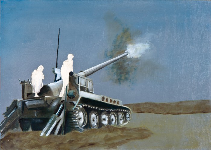 Irgendwo ist immer ein Krieg I/14, Öl und Flachstich auf Schichtholzplatte, 30 x 42 cm, 2014