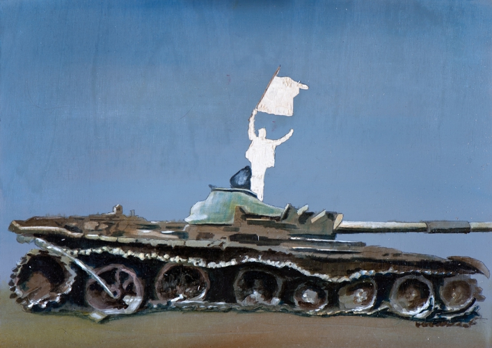 Irgendwo ist immer ein Krieg IV/14 (Welche Farbe hat die Fahne der Freiheit?) Öl und Flachstich auf Schichtholzplatte, 30 x 42 cm, 2014