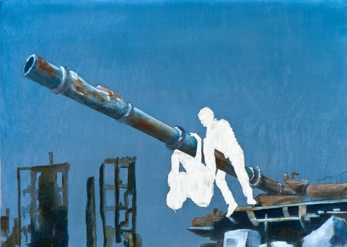 Die Rückeroberung des Paradieses I, Öl und Flachstich auf Schichtholzplatte, 30 x 42 cm, 2014