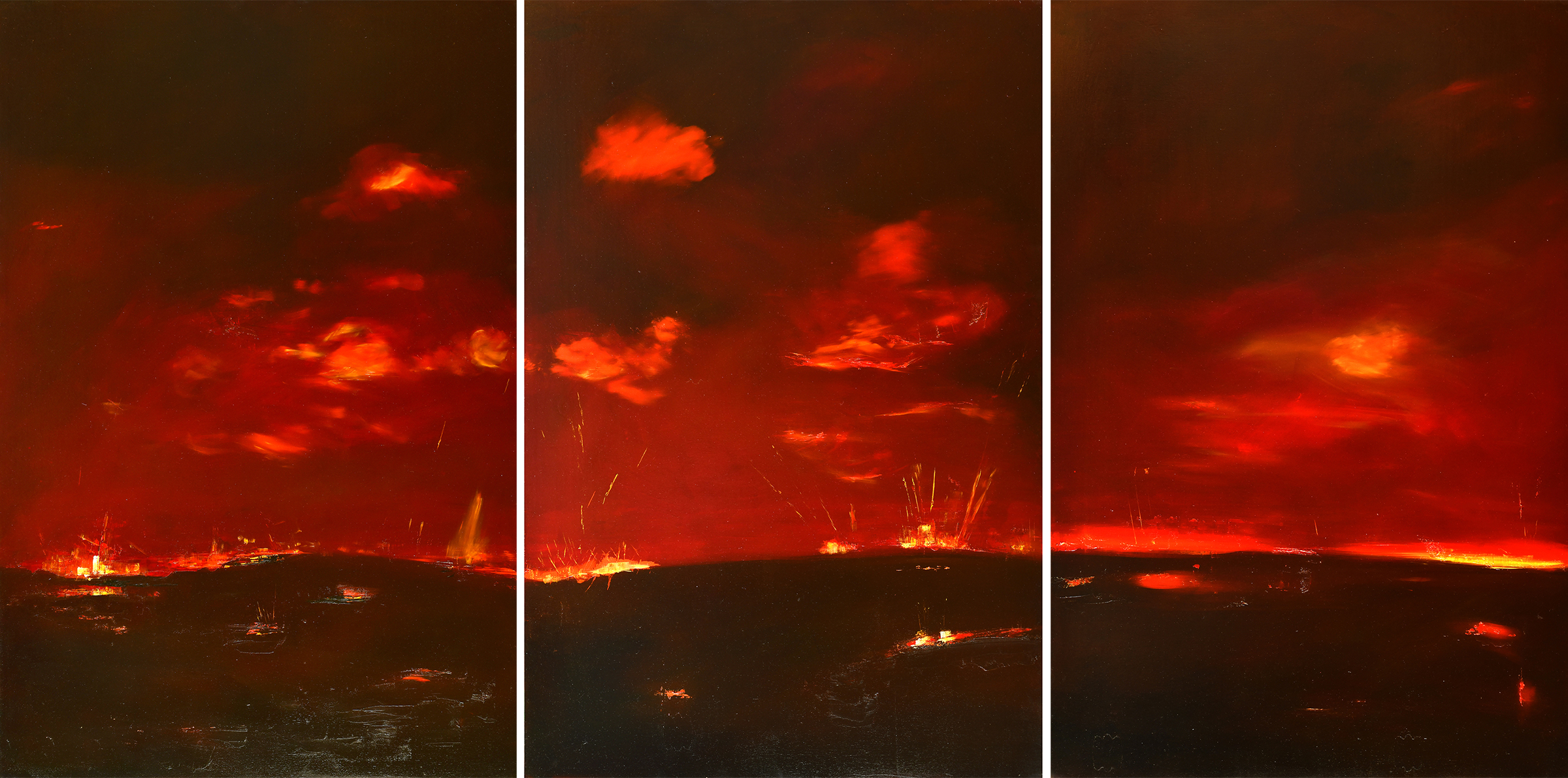 Steffen Blunk: Feuersturm IX (Aprilnacht im Oderbruch), 2023, Öl auf Schichtholzplatte, je 125 x 83 cm125x251