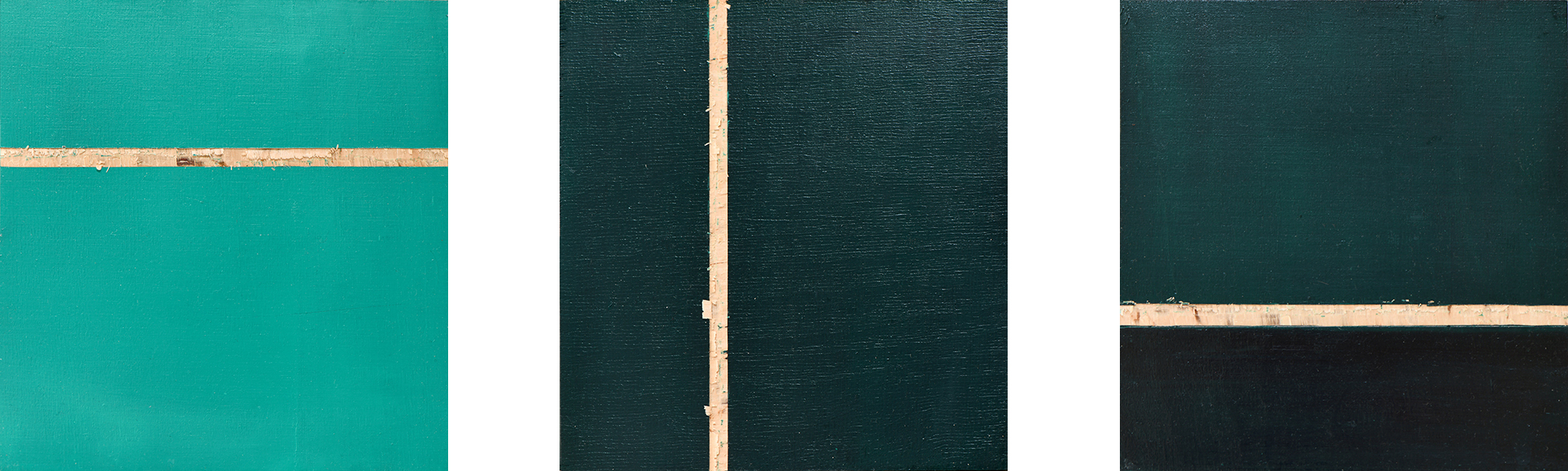 Phtalogrün Serie #1 I - III, Öl und Flachstich auf Schichtholzplatte, je 21 x 20 cm, 2020