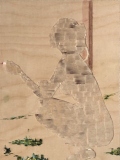 Akt VI/23 (Girl with a cigarette), Öl, Buntstift, Cut-out auf Schichtholzplatte, 30 x 21 cm, 2023, € 1750,- Akt VI/23 (Girl with a cigarette)